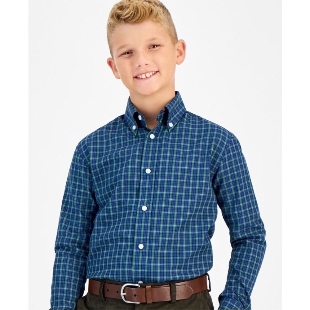 B by Brooks Brothers Classic Fit Long Sleeve Dress Shirt Big Boys RNavy/Green